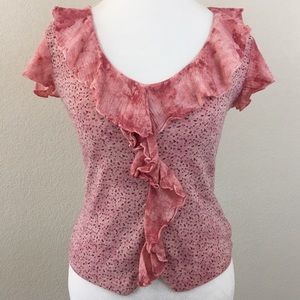 Paris Blues pink floral front ruffle top, size M